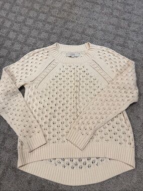 LOFT Cream Open-Knit Crewneck Sweater